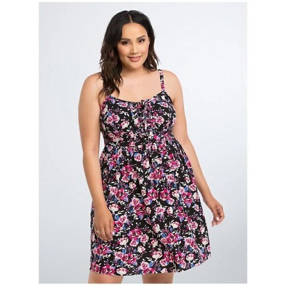 TORRID Floral Print Lace-Up Front Sundress Black Pink Women's Plus Dress - Picture 1 of 11